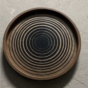 Round Wooden Tray with Black Circular Pattern
